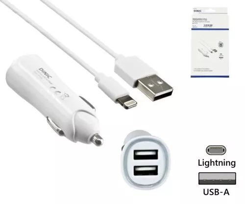 iPhone/iPad USB oplaadadapter + Lightning kabel, carkit, 12V, 2x USB 5V 3100mA, MFI gecertificeerd, wit, DINIC doos met Euro gat, 1m
